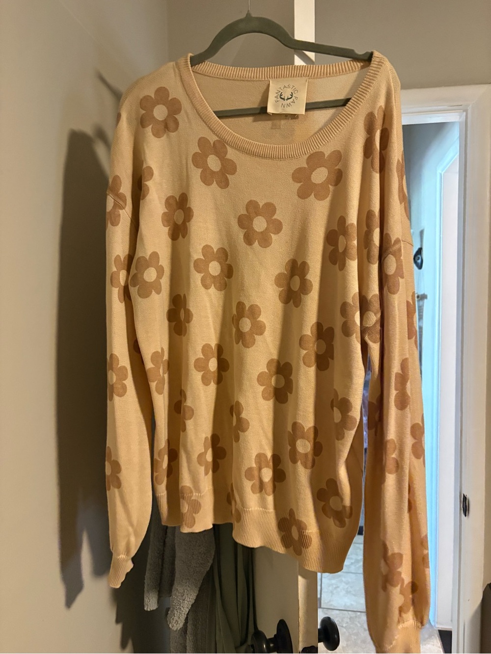 Fantastic Fawn Beige Crewneck Sweater with Tan Floral Print